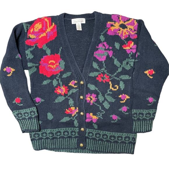 Jones New York Exclusive Hand knit 90s Floral Cotton Blend Cardigan M - Picture 1 of 9